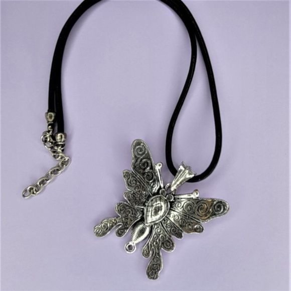Huge Butterfly Statement Pendant Necklace  Chunky Pendant on a Black cord - Picture 3 of 4